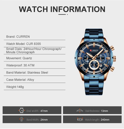 CURREN Top Brand Luxury Military Leather Wrist Watch Casual Sport Watches for Men Blue Man Clock Fashion Chronograph Wristwatch