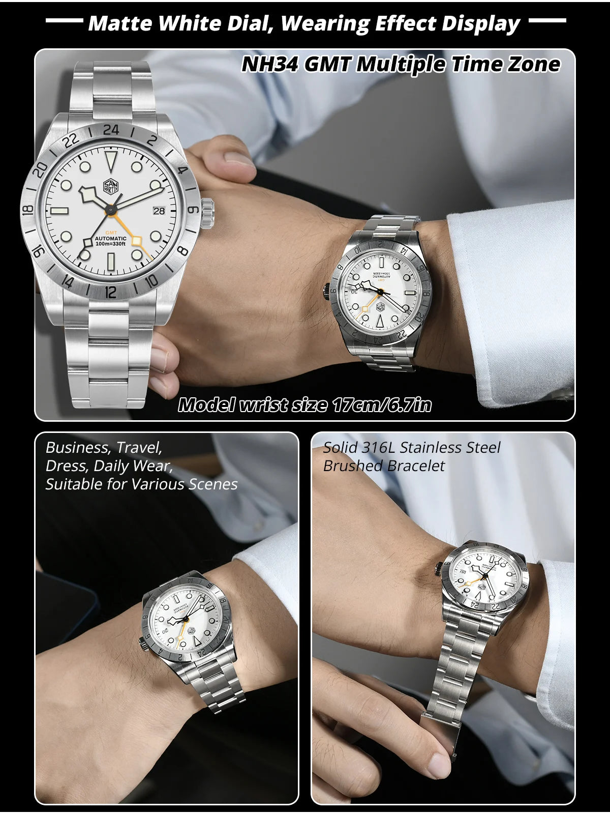 San Martin Nuevo reloj mecánico automático NH34 BB GMT de 39mm, reloj deportivo de zafiro, luminoso, impermeable 100m para hombre, Relogio SN0054