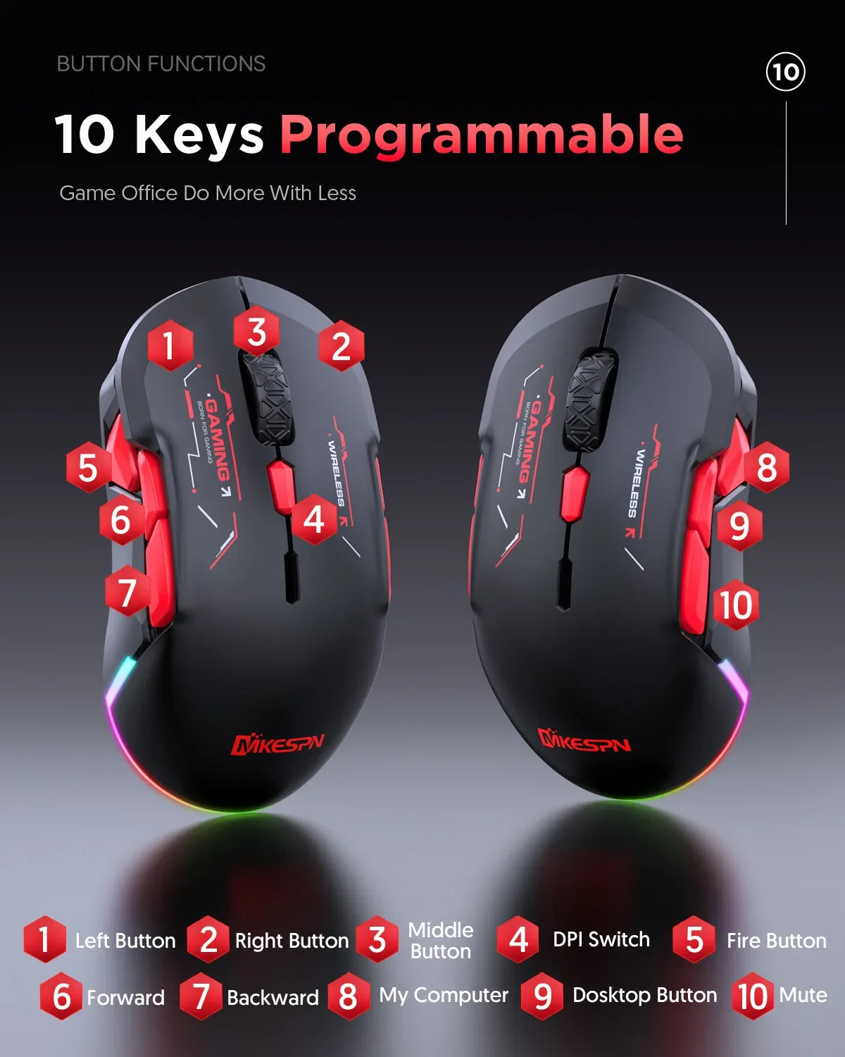 MKESPN W12 10-Tasten-Makro-Gaming-Maus, beidhändig, kabellos, Bluetooth, Mehrkanal, Tri-Mode, großes RGB, ergonomisch, beidhändig