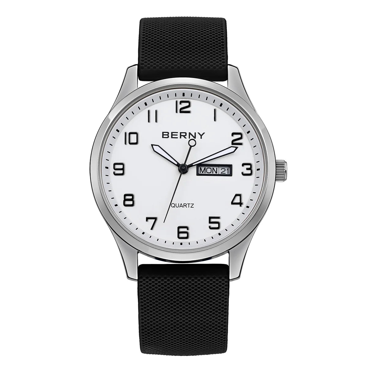 BERNY Men's Watches Luminous Calendar Week Quartz Men Watch Casual Soft Silicone Strap Easy Read Big Dial Sports Wristwatch