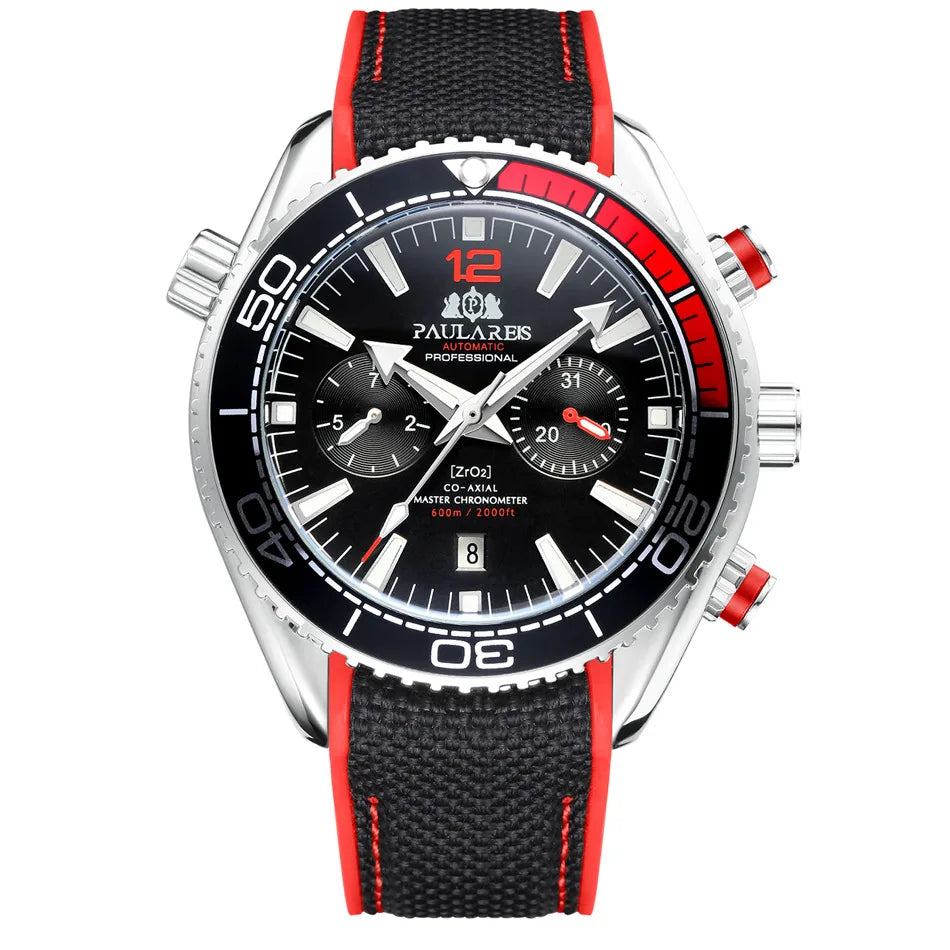PAULAREIS P Relógio mecânico automático de luxo para homem com corda automática, bracelete em borracha, impermeável, luminoso, com data, relógio de moda masculino