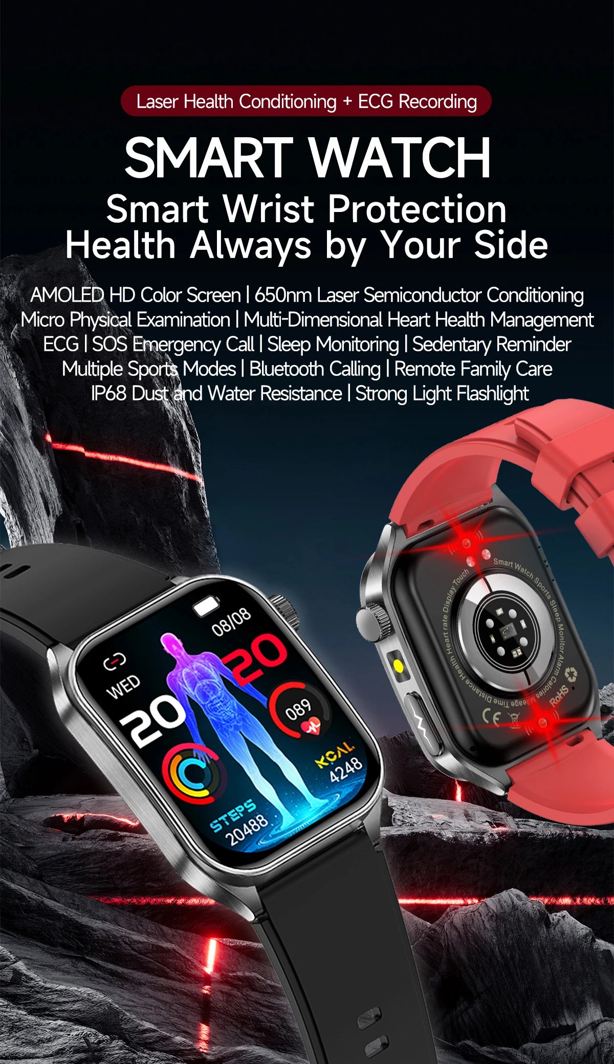 2026 New 650nm Laser Therapy Blood Fat Uric Acid Blood Pressure Smart Watch ECG+PPG Precise Health Monitor Smartwatches For Men
