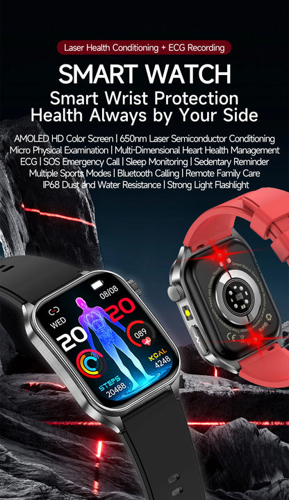 2026 New 650nm Laser Therapy Blood Fat Uric Acid Blood Pressure Smart Watch ECG+PPG Precise Health Monitor Smartwatches For Men