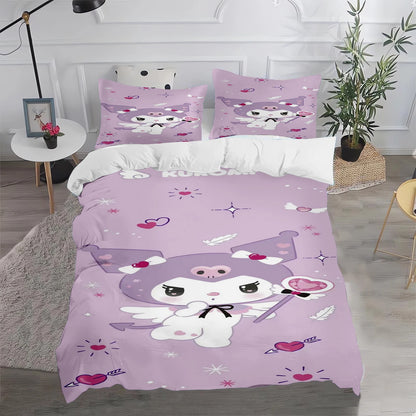 Conjunto de Capa de Edredão e Fronha Kuromi Fofo para Cama, Decoração de Quarto para Adulto, Rapaz e Rapariga, Presente para Crianças, Tamanho Individual, Duplo e Grande