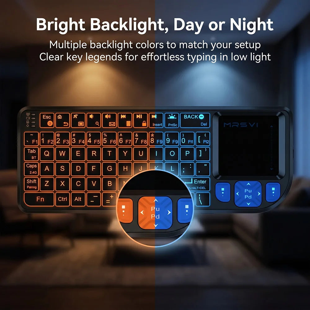 MRSVI Mini Keyboard A8 PLUS, tastiera wireless retroilluminata 2.4GHz e Bluetooth5.0 con touchpad per Android TV Box, Mac, laptop, Windows