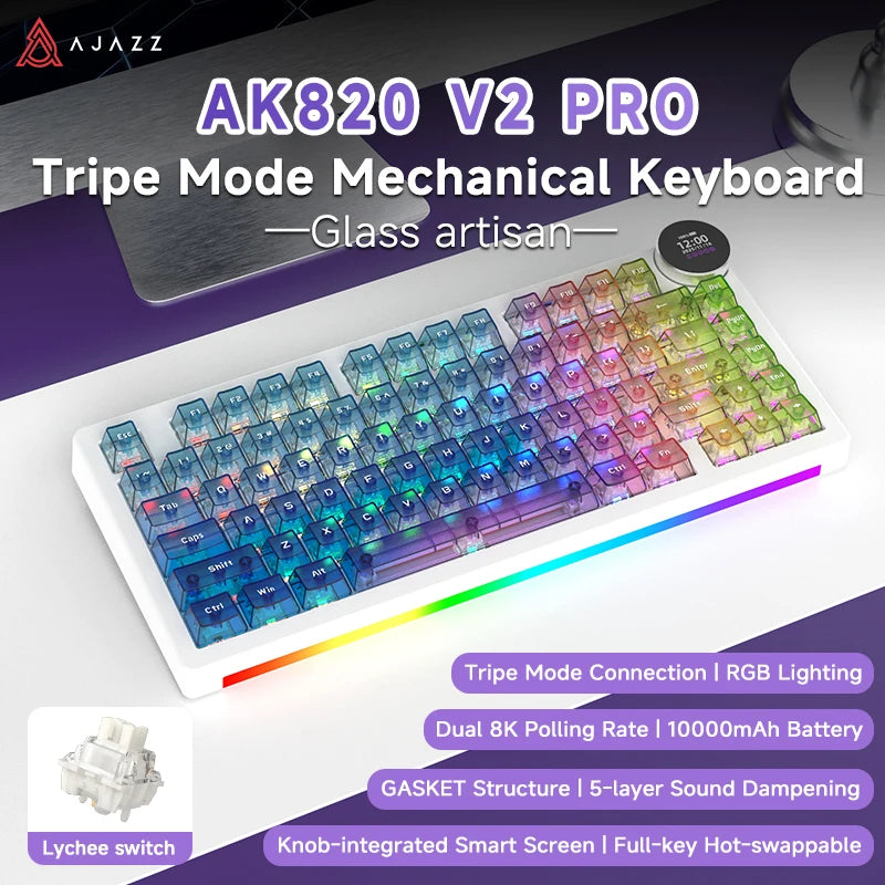 AJAZZ AK820 V2 / AK820 V2 Pro Gaming Mechanical Keyboard 75% ABS 82 Keys 10000mAh Wireless Tri-mode Gamer Keyboard for Laptop PC