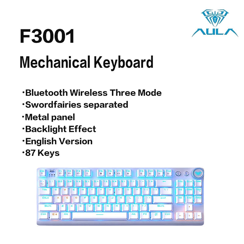 AULA F3001 Mechanical Keyboard Bluetooth Wireless Three Mode Metal Panel Two-color Injection Molding Cool Backlight Effect 87 Key