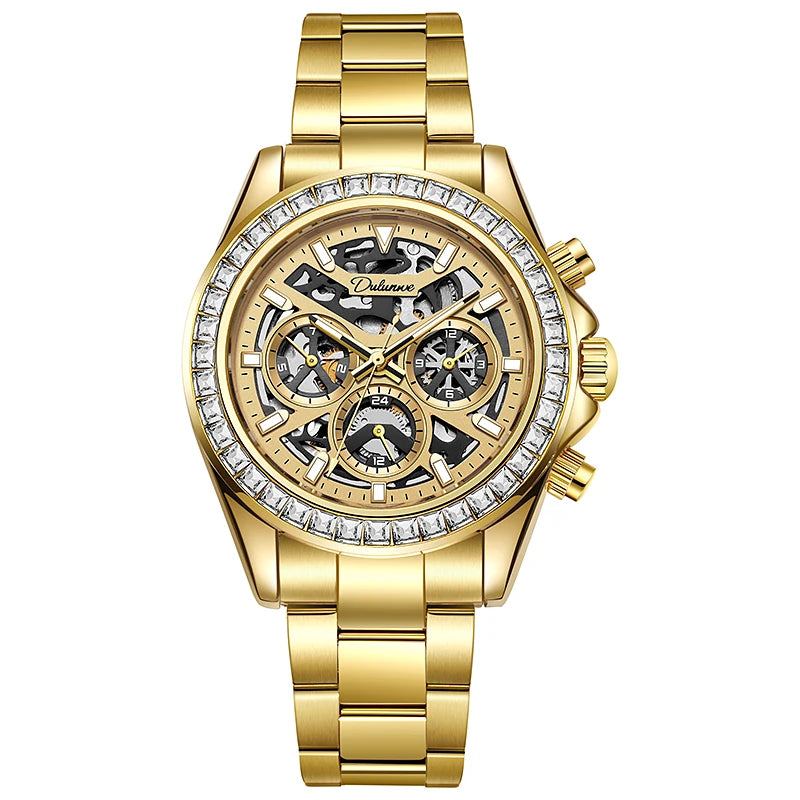Diamond Bezel Stainless Steel Automatic Watch Fashion Mulitfunction Waterproof Luminous Mechanical Watches for Men