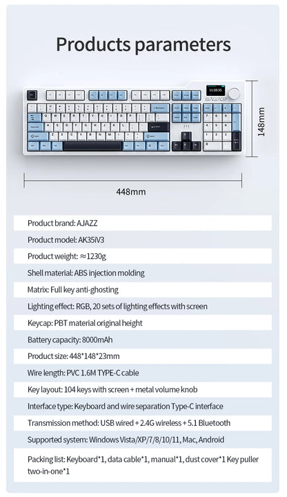 Ajazz AK35I V3/V4 MAX Tri-mode Wired Bluetooth Wireless Gaming Keyboard Gasket Full Key Hot Swap 104 Keys Customized Keyboard