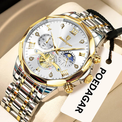 Original luxury POEDAGAR men’s watch, water-resistant, luminous chronograph, stainless steel quartz wristwatch, high-end men’s watches