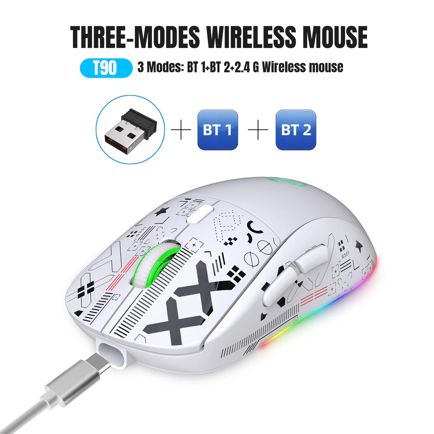 3 režimų „Bluetooth“ žaidimų pelė, įkraunama, 2.4G USB belaidė RGB apšvietimo pelė, skirta „iPad“, planšetiniam kompiuteriui, nešiojamajam kompiuteriui ir kompiuteriui