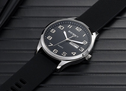 BERNY Men's Watches Luminous Calendar Week Quartz Men Watch Casual Soft Silicone Strap Easy Read Big Dial Sports Wristwatch