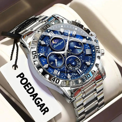 Vyriškas laikrodis „POEDAGAR“ – prabangus, atsparus vandeniui ir švytintis chronografas, pagamintas iš nerūdijančio plieno, sportinio ir karinio stiliaus, su kvarciniu mechanizmu