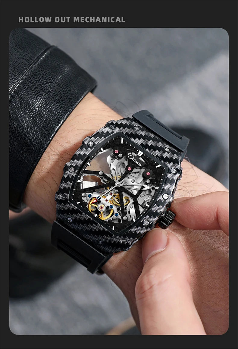 Tourbillion Mechanical Watch for Men Silicone Strap Skeleton Tonneau Automatic Mens Watches Top Brand Luxury Reloj Hombre