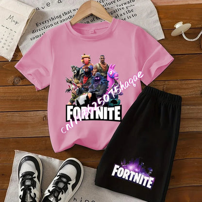 Summer T-shirts 2 pieces Fortnite children's cotton short-sleeved set with cartoon prints, boys' sports shirt, casual top, gift