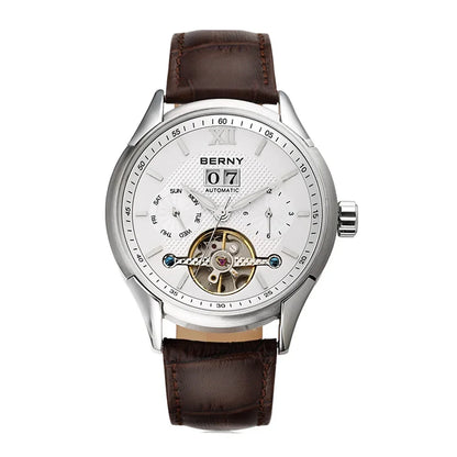 BERNY Automatic Watch for Men Auto Self-wind Mechanical Watches Date Skeleton 5ATM Luxury Male Wristwatches