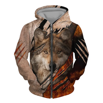 3D Wolf Print Men's Zipper Hoodies Fashion Animal Pattern Top Coat Street Punk Style Oversized Sweatshirts Outdoor Leisure Jackets