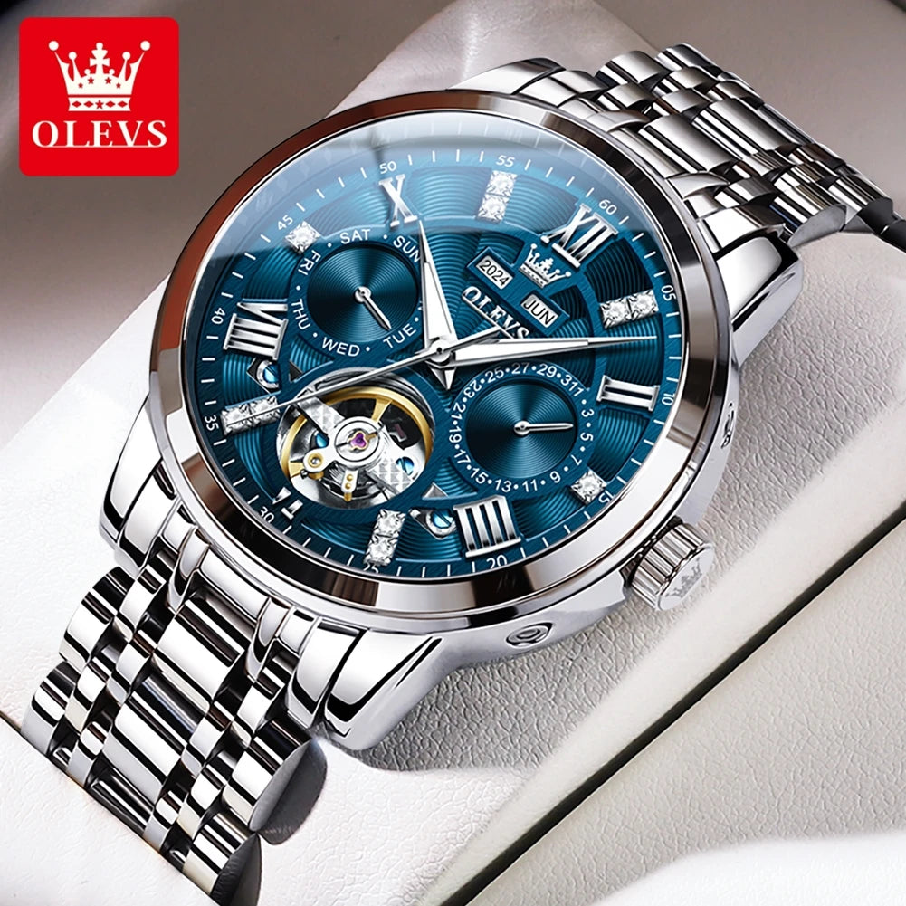 OLEVS 6701 Men's Watch Luxury Waterproof Auto Date Mechanical Watch For Men Hollow Skeleton Diamond Wristwatch Luminous Clock