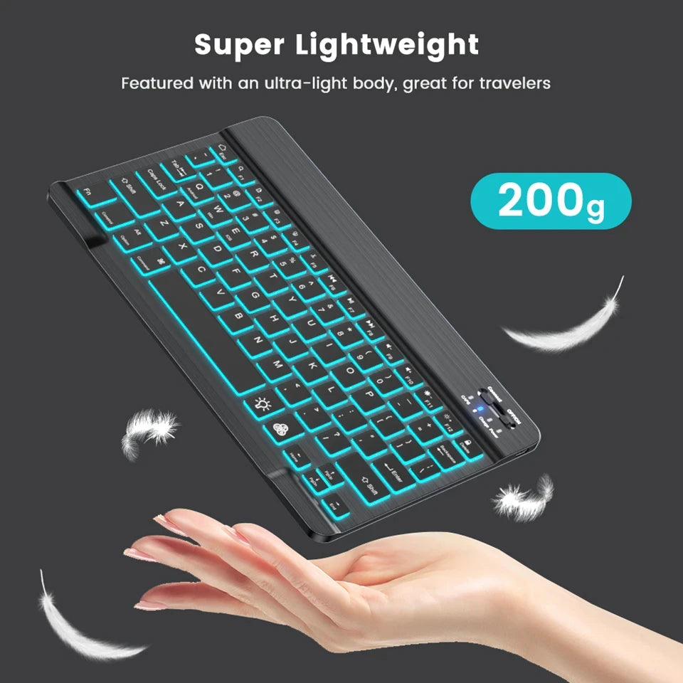 Mini-RGB-Tastatur mit Hintergrundbeleuchtung, 10 Zoll, Bluetooth, kabellose Maus, wiederaufladbar, für Spanisch, Russisch, Hebräisch, Koreanisch, Französisch, Arabisch, Portugal