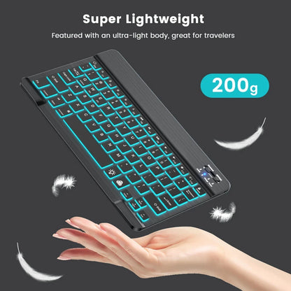 Mini-RGB-Tastatur mit Hintergrundbeleuchtung, 10 Zoll, Bluetooth, kabellose Maus, wiederaufladbar, für Spanisch, Russisch, Hebräisch, Koreanisch, Französisch, Arabisch, Portugal