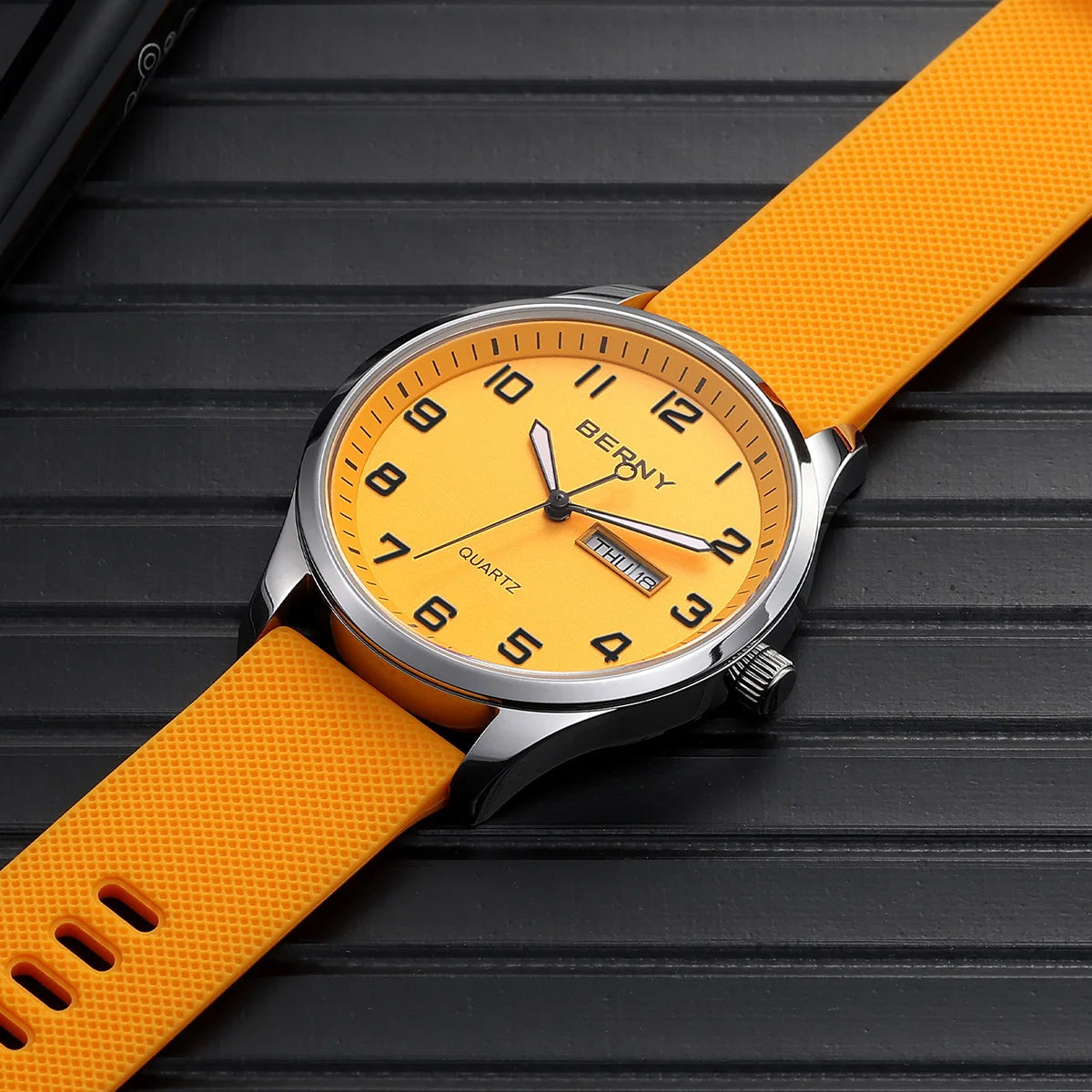 BERNY Men's Watches Luminous Calendar Week Quartz Men Watch Casual Soft Silicone Strap Easy Read Big Dial Sports Wristwatch
