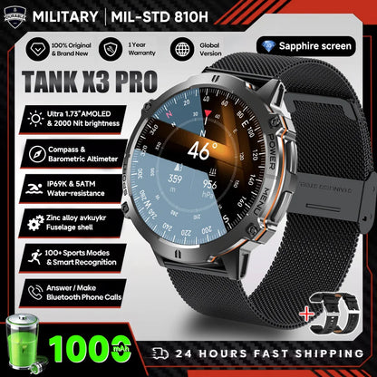 2026 Novo Smartwatch Militar TANK X3 para Homem, Bateria 1000mAh, 10ATM À Prova de Água para Natação, Percurso GPS, Ecrã AMOLED HD de 1.75", Chamadas e Desporto