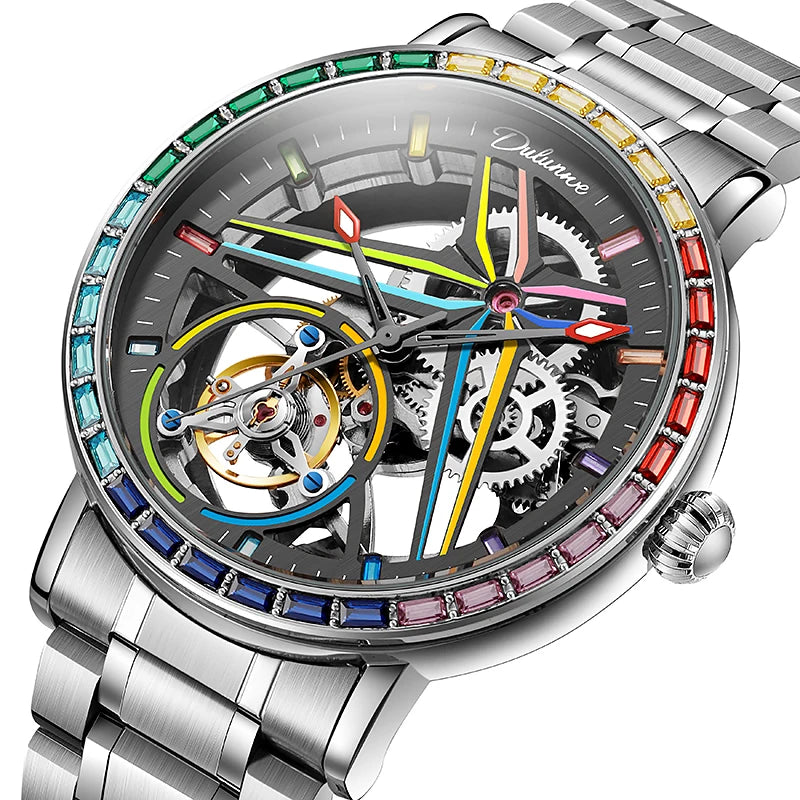 Reloj esqueleto para hombre, de estilo moderno, adornado con piedras preciosas de los colores del arcoíris y dotado de un tourbillon; reloj mecánico automático de lujo, hermético hasta 30 metros.