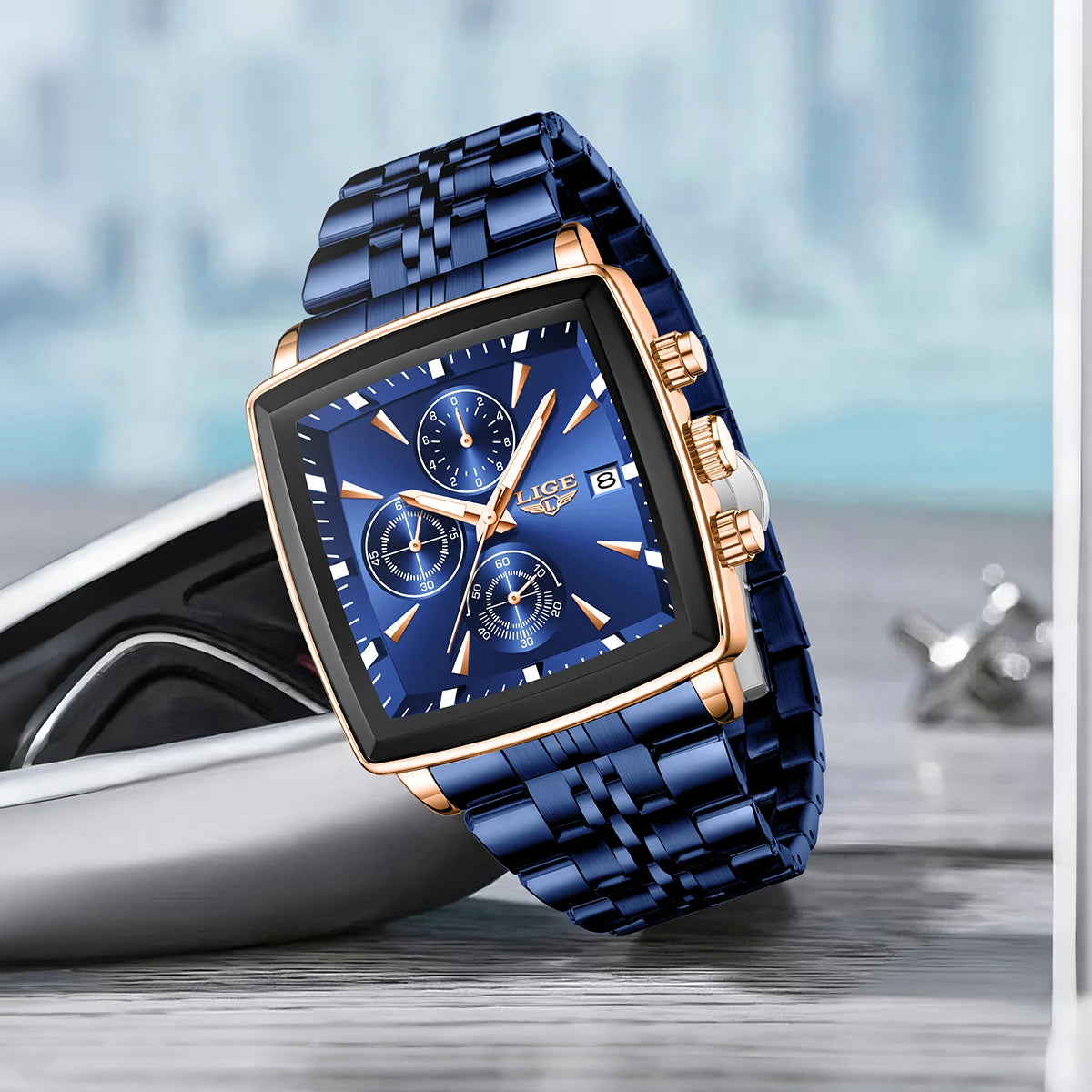 LIGE luxe herenhorloges, vierkant model, klassieke en trendy stijl, van roestvrij staal, waterdicht, sportief en casual, met quartz uurwerk.