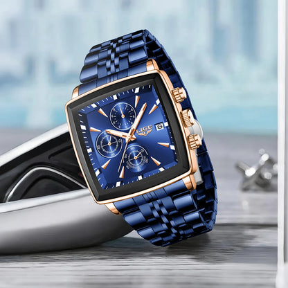 LIGE luxe herenhorloges, vierkant model, klassieke en trendy stijl, van roestvrij staal, waterdicht, sportief en casual, met quartz uurwerk.