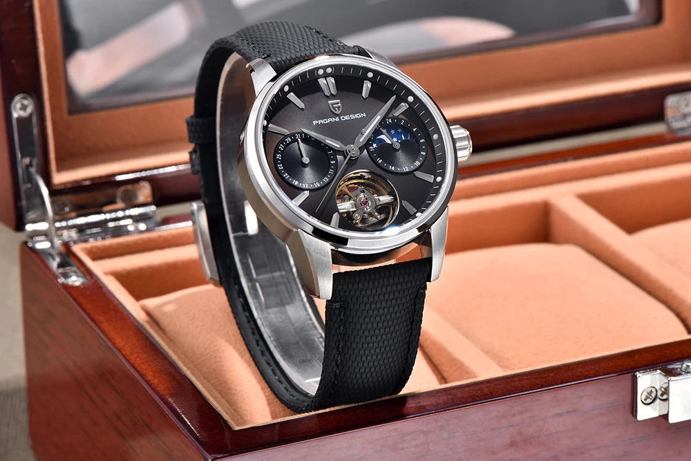 PAGANI DESIGN – Mekanisk luksusur til mænd, 41 mm, safirglas, læderrem, vandtæt, pilotstil, med tourbillon og månefase