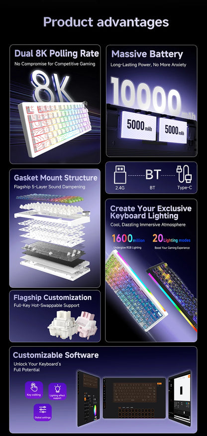 AJAZZ AK820 V2 / AK820 V2 Pro Gaming Mechanical Keyboard 75% ABS 82 Keys 10000mAh Wireless Tri-mode Gamer Keyboard for Laptop PC
