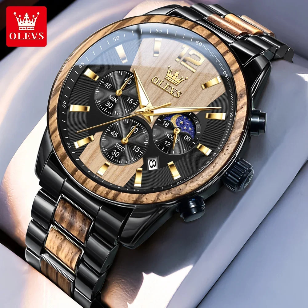 OLEVS 3645 Herrenuhr aus Holz, luxuriös, mit Nachtbeleuchtung, multifunktionalem Chronographen, Quarzwerk, Retro-Stil, trendige Sportuhr.
