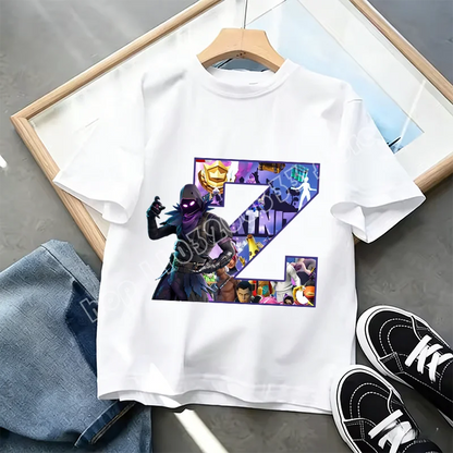 Fortnite A-Z Alphabet Print T Shirt Summer Kids White Clothing Popular Cartoon Game T Shirt Fashion Casual Short Sleeve Top Gift