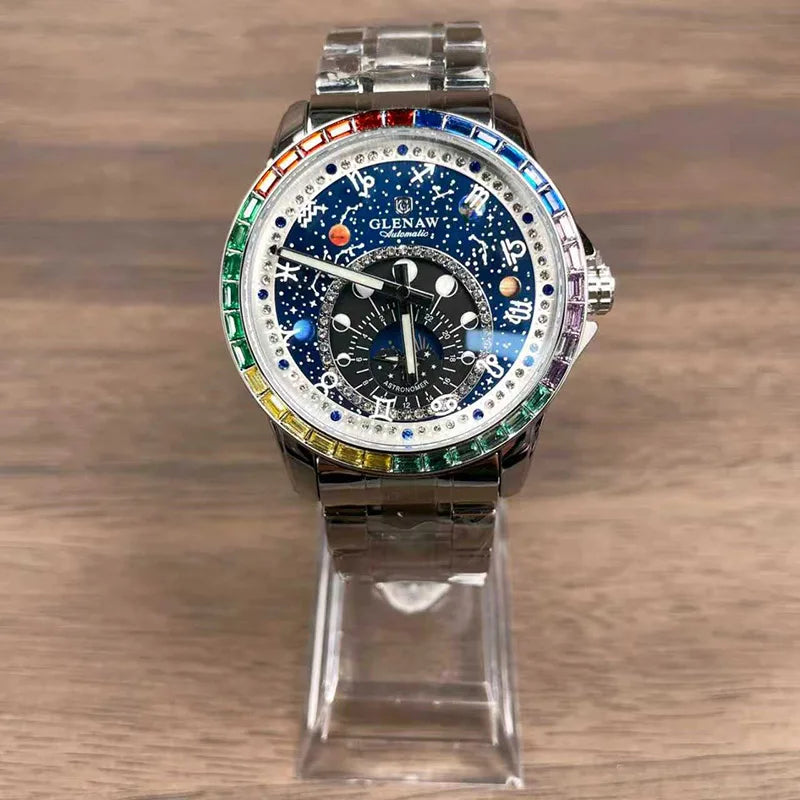 GLENAW Watches Original Design Diamond Constellation Rotating Dial Stainless Steel Luxury Men's Automatic Mechanical Watch P8719