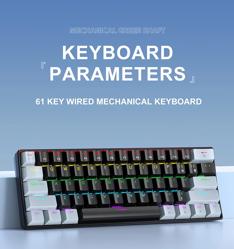 Teclado mecánico mini APAYADO K61, con cable, 61 teclas, Phantom RGB, negro/blanco, interruptor mecánico rojo/azul para gaming, portátil 60%