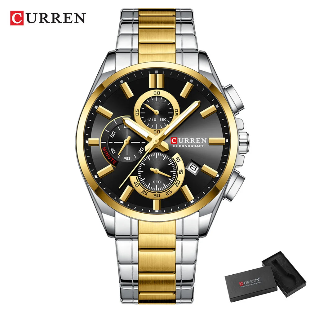 Montre homme CURREN, marque de luxe, originale, étanche, en acier inoxydable, chronographe, phase de lune, date, cadran rotatif