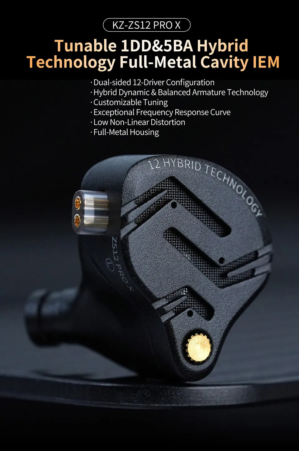 KZ ZS12 PRO X hybrid dynamisk og balanced armature-teknologi IEM-øretelefon, opgraderet HiFi-bas in-ear-hovedtelefon med tuningkabel-headset