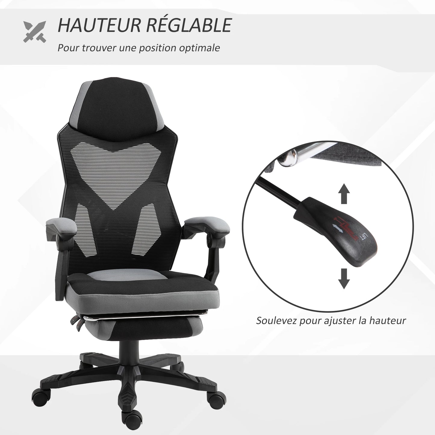 Ergonomic Gaming Office Chair, Grey & Black, Adjustable Height, 360° Swivel, Mesh Fabric, High-Density Foam, Easy Assembly