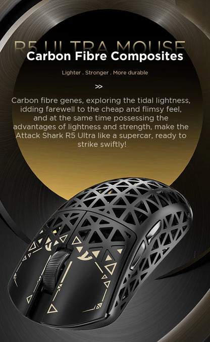 ATTACK SHARK R5 Ultra Carbon Fiber trådløs gamingmus, PixArt PAW3950MAX gamingsensor, 42000DPI, 8000Hz, MCU Nordic 52840