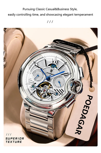 POEDAGAR Luxury Male Watch Tourbillon Date Week Stainless Steel Men Watch Waterproof Automatic Mechanical Military Men's Watches
