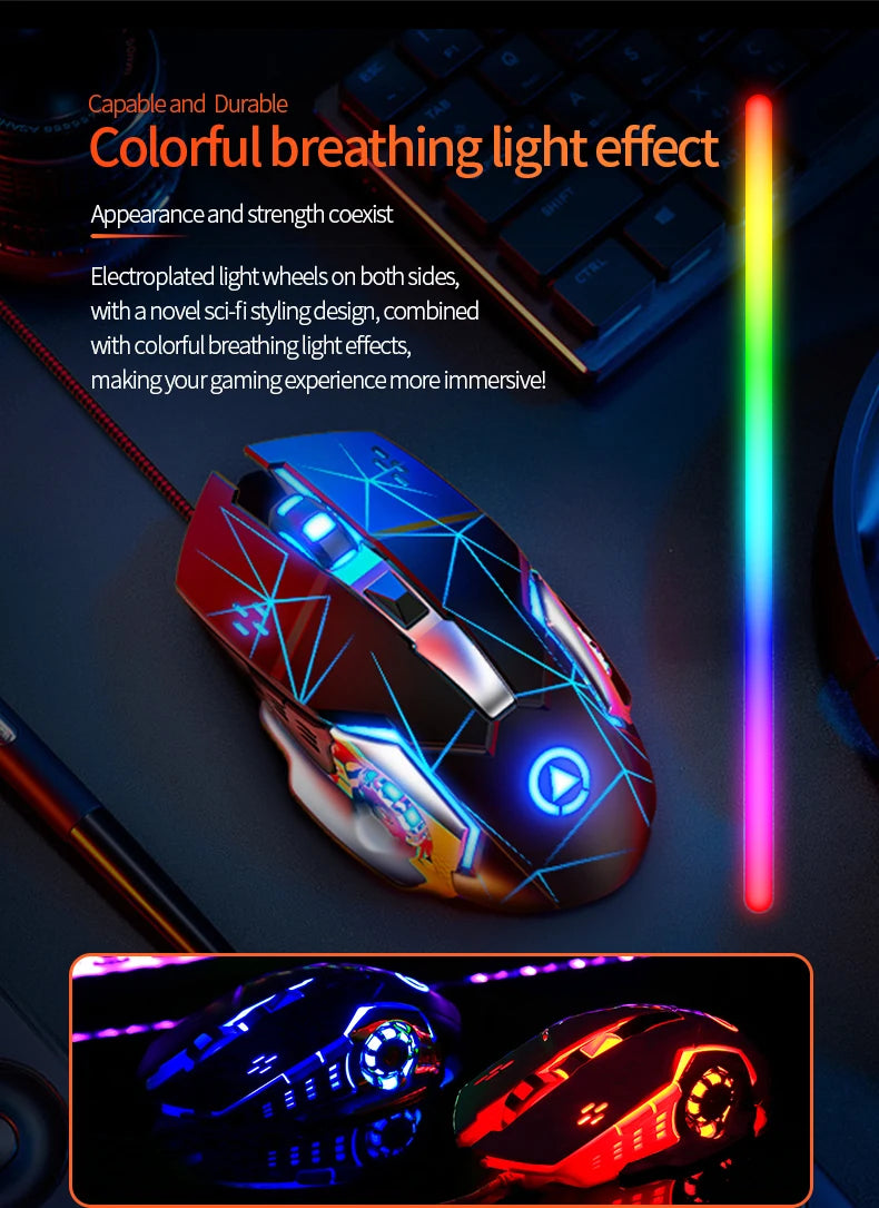 Rato Gaming USB com Fio, 6 Botões, Retroiluminado, Ergonómico, DPI Ajustável, Rato Ótico para PC Gamer e Computador de Secretária