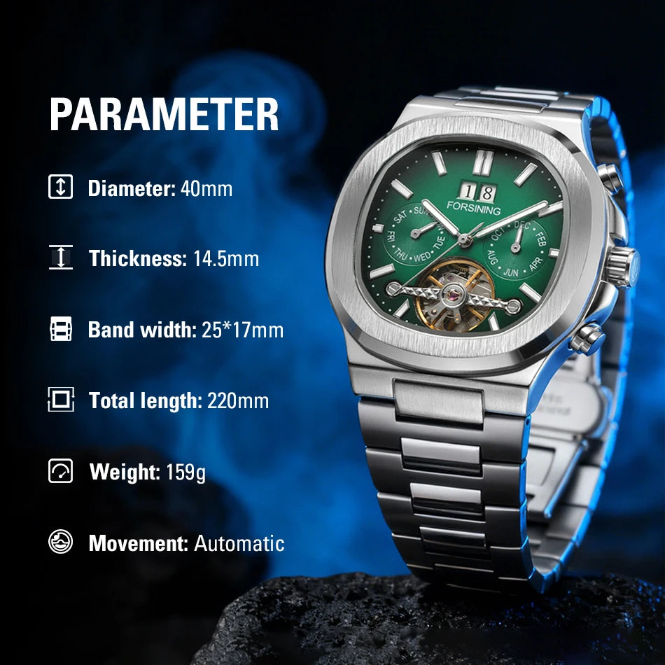 Forsining 481 Man New Tourbillon  Brands Watch Week Date Automatic Movement Mechanical Watches Stainless Steel Waterproof Clock