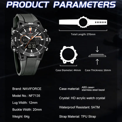 NAVIFORCE Men's Watch Dual Display 50M Waterproof Countdown Chronograph Alarm Clock Male Fashionable Sports Wristwatch NF7135