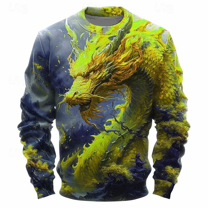 Sudadera para hombre con gráfico de dragón de moda y estampado 3D, elemento cultural tradicional, estilo vintage, pulóver elegante de cuello redondo para otoño, corte holgado