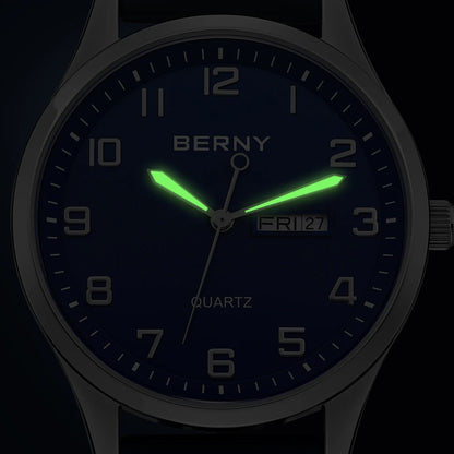 BERNY Men's Watches Luminous Calendar Week Quartz Men Watch Casual Soft Silicone Strap Easy Read Big Dial Sports Wristwatch