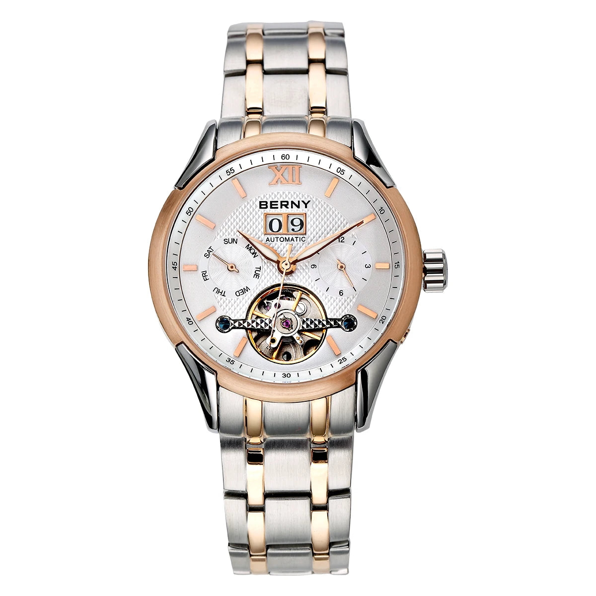 BERNY Automatic Watch for Men Auto Self-wind Mechanical Watches Date Skeleton 5ATM Luxury Male Wristwatches