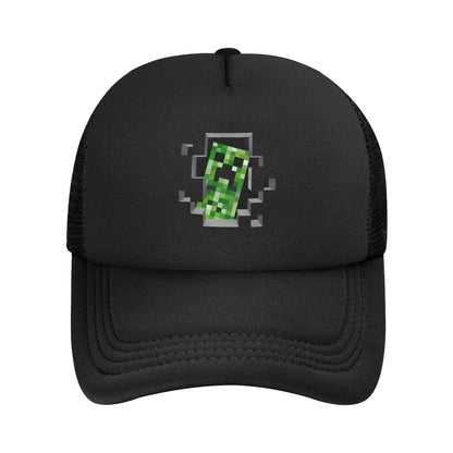 blocky adventurer discover a Creepers monster behind him Trucker Cap Sun Hats Cap Adjustable Snapback Caps Mesh Baseball Cap