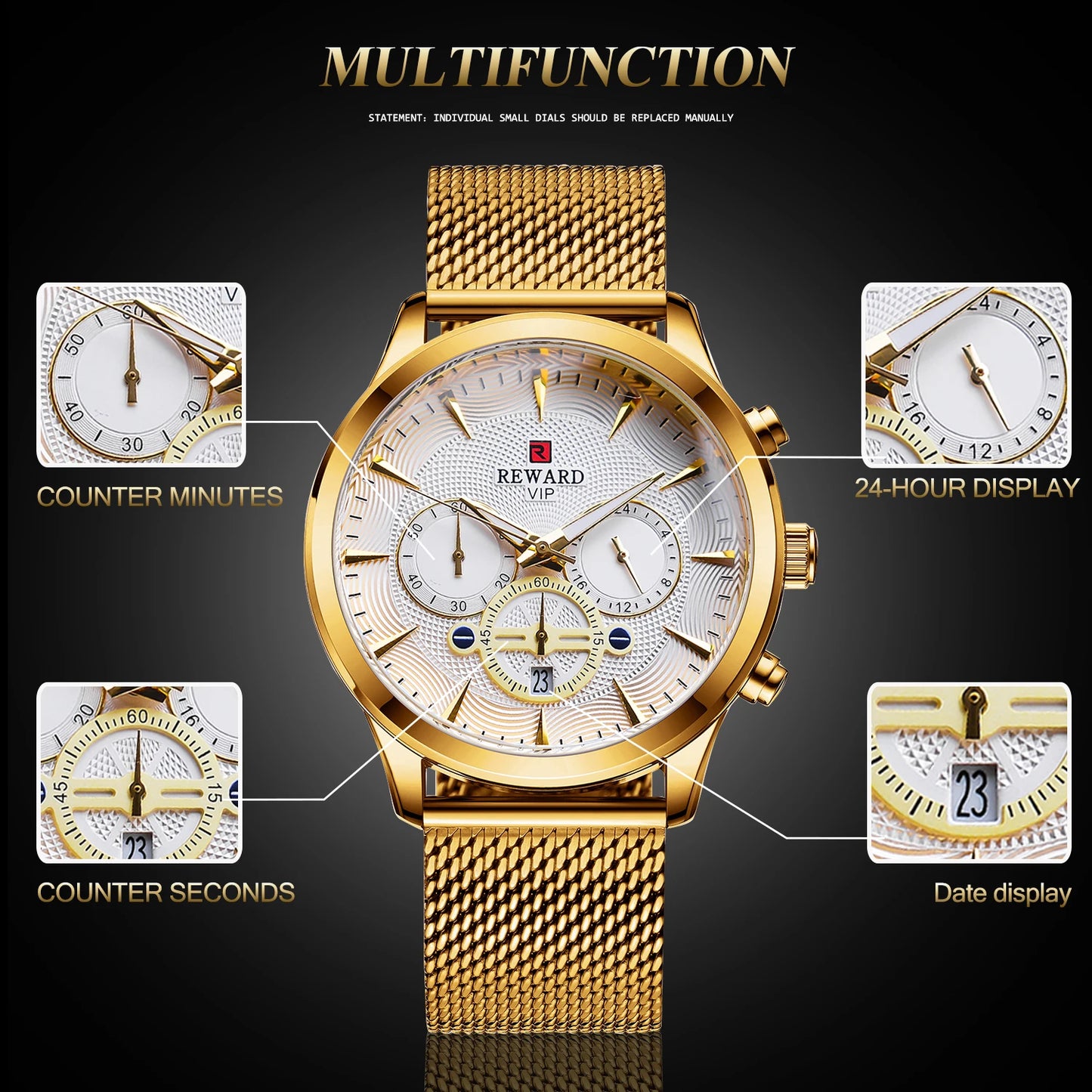 REWARD Business Watches Quartz Movement Fashion Men Gold Stainless Steel Watch Luxury Calendar Quartz Wrist Watch