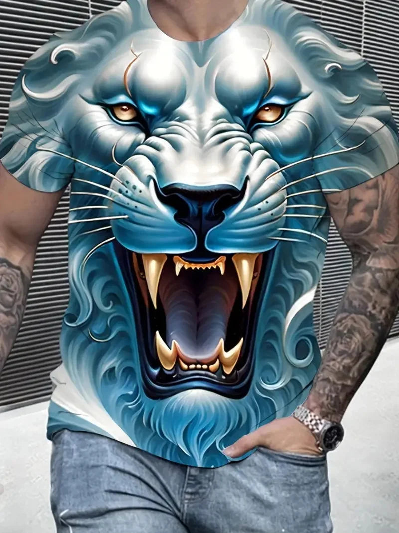 3D Plus Size Men's Lion Print T-shirt Summer Short Sleeve Crew Neck Tees Shirts For Men New In Animal Lion Graphic Tshirts Tops