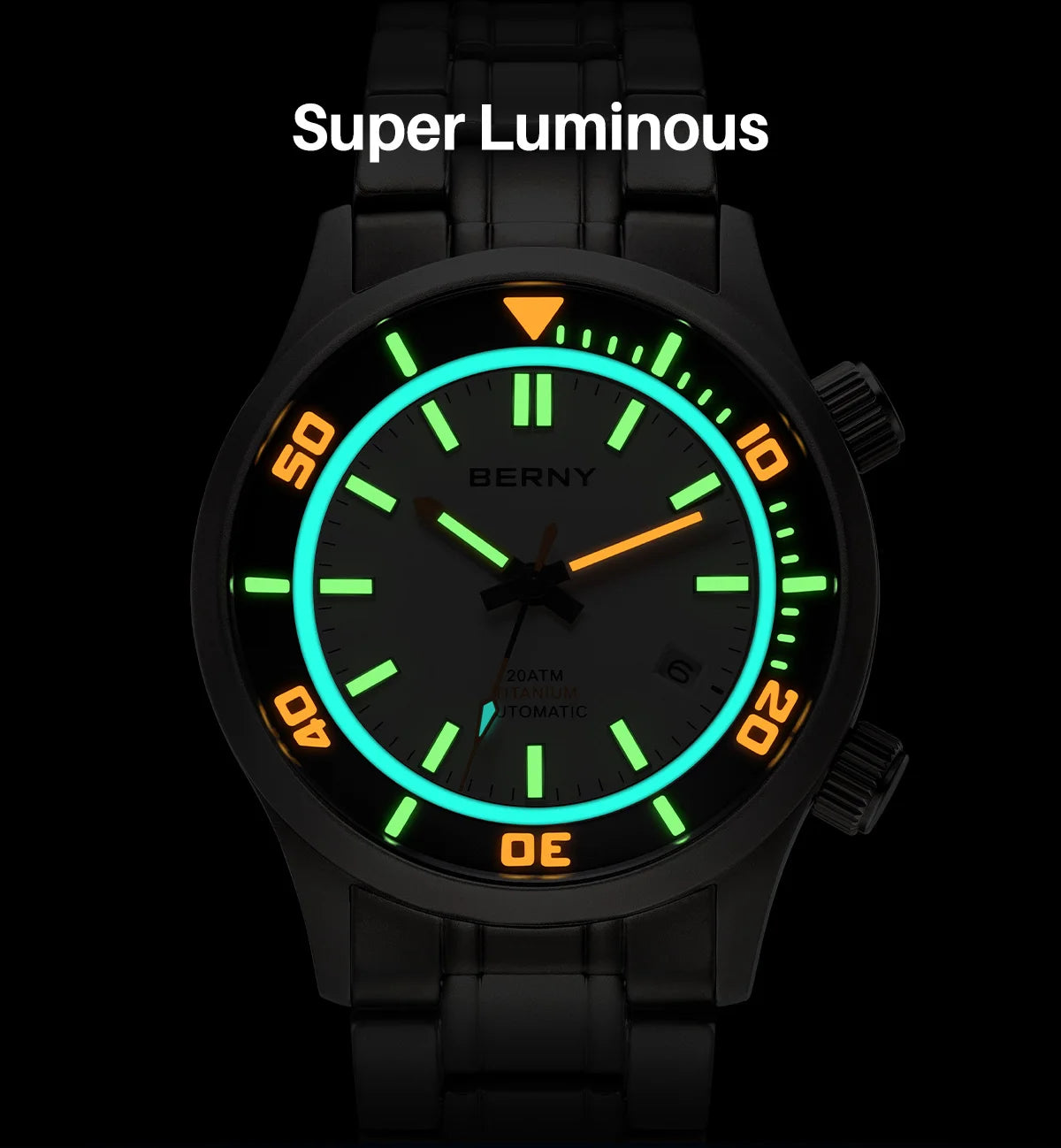 BERNY Automatic Full Titanium Diver Watch For Men Supper Luminous Sappire AR Coated Miyota 8215 Dual Crown Mechanical Dive Watch